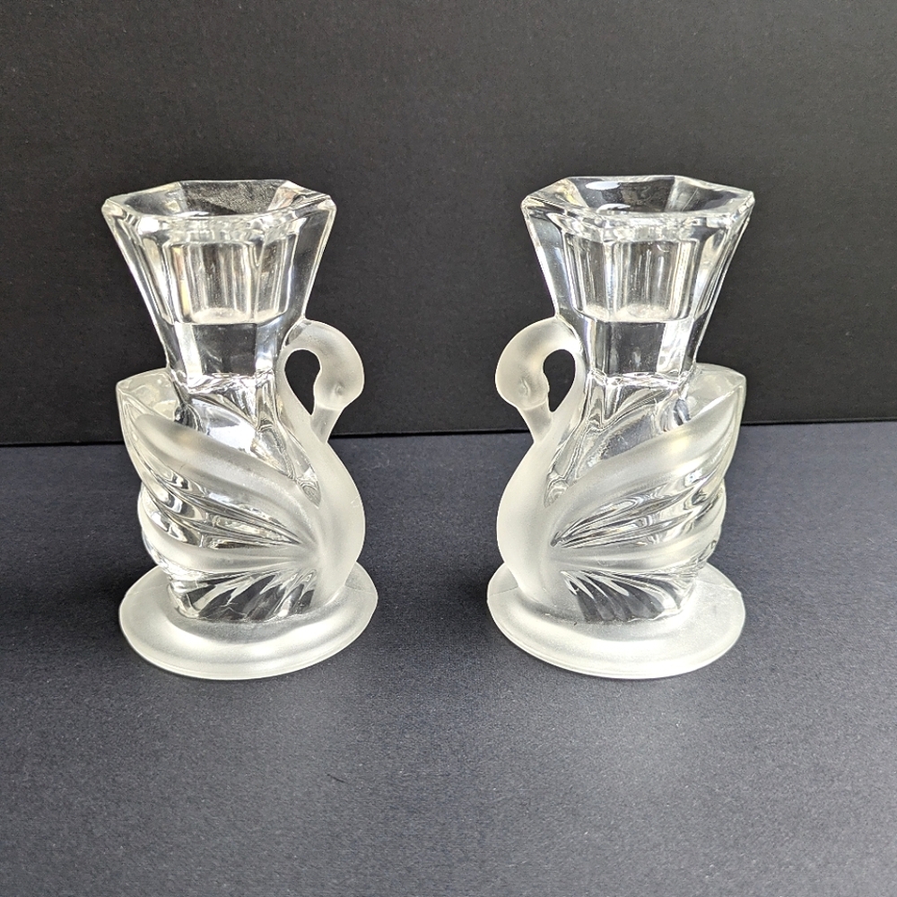 Vintage Crystal Swan Glass Candle Holders PartyLite Frosted Glass Pair